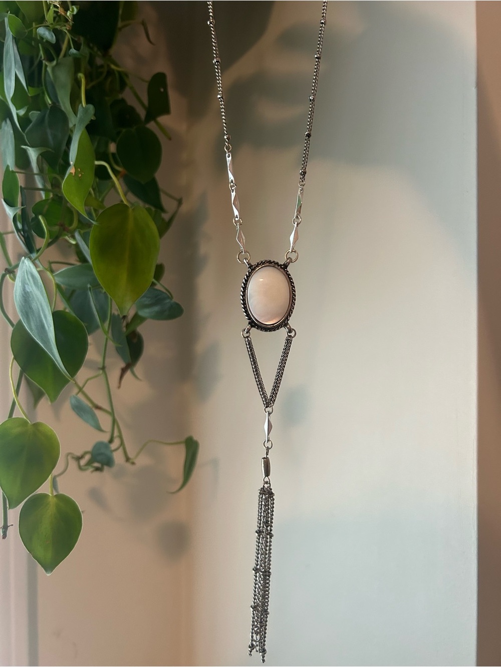Silver Tone Necklace with White Stone Pendant and Tassel